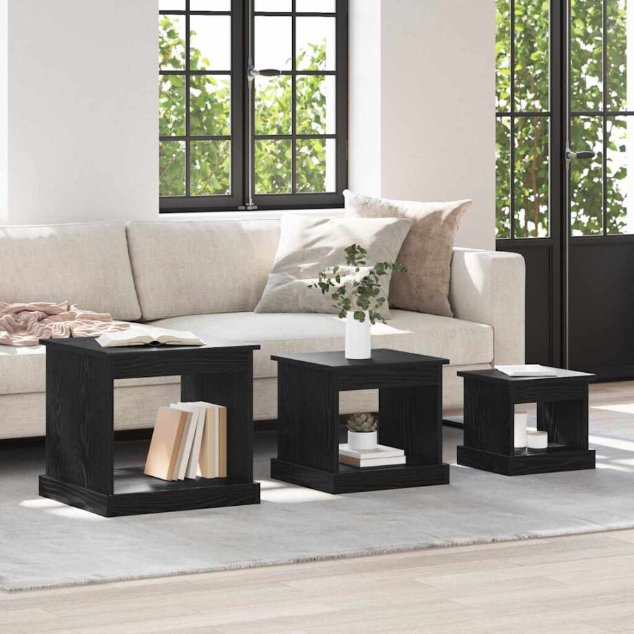 vidaXL Salontafel 3 pcs Zwart Eiken Bewerkt hout afbeelding 1
