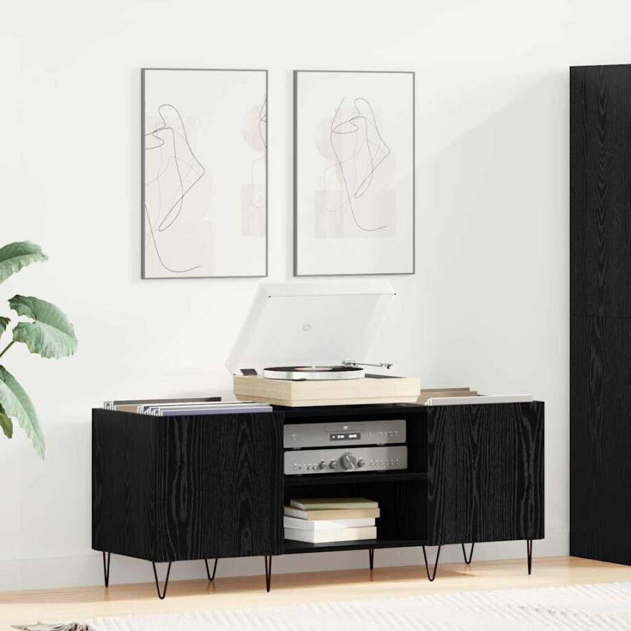 vidaXL Platenkast met plank met opslag Zwart Eiken 121 x 38 x 48 cm vidaXL Platenkast met plank met opslag Zwart Eiken 121 x 38 x 48 cm afbeelding 1