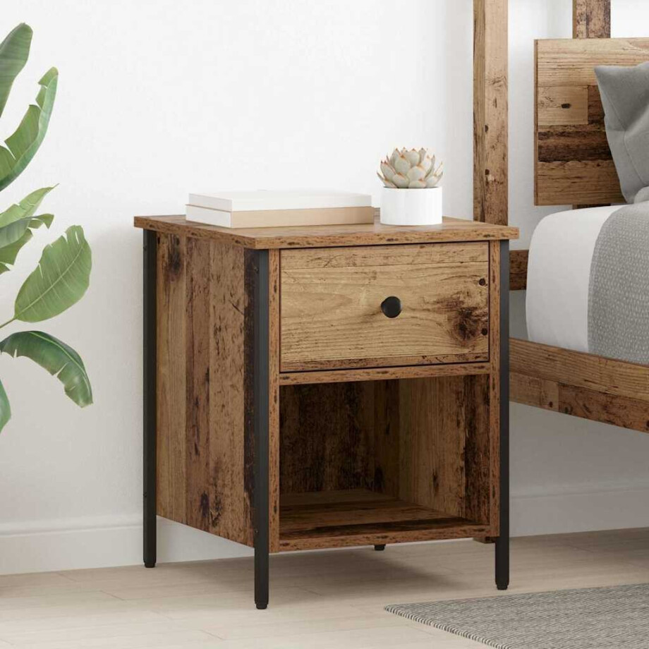 vidaXL Nachtkastje met lade Oudhout 40 x 42 x 50 cm Bewerkt hout afbeelding 1