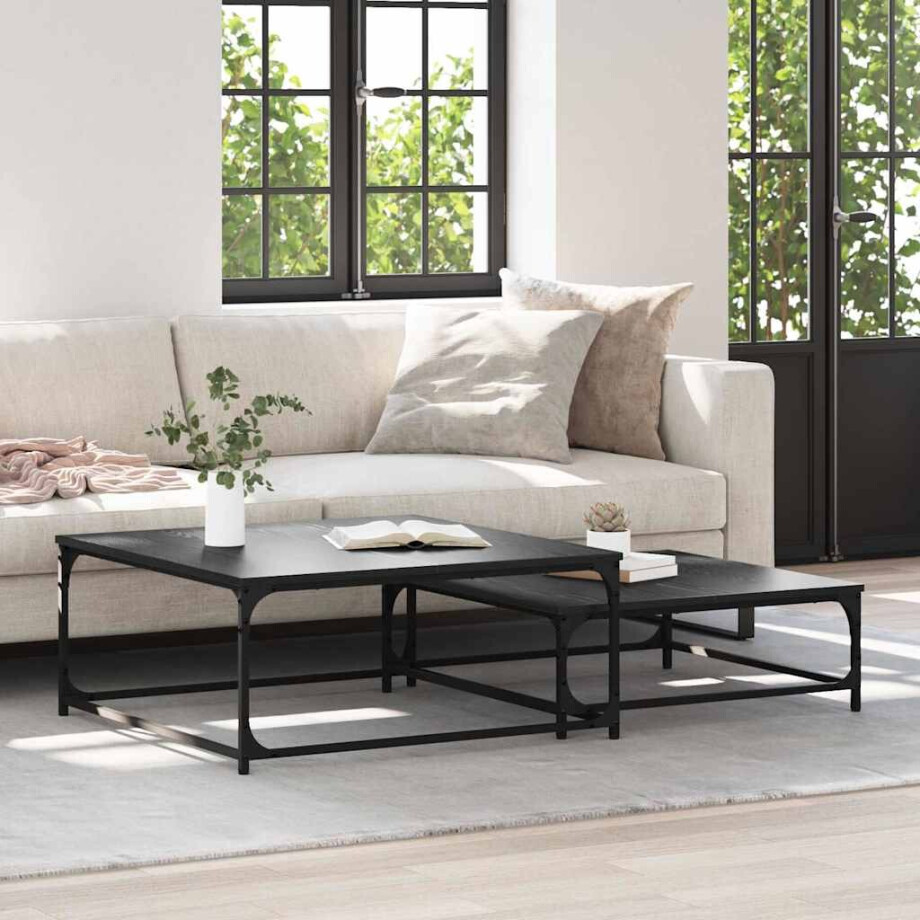 vidaXL Salontafel 2 pcs Zwart Eiken Bewerkt hout afbeelding 1