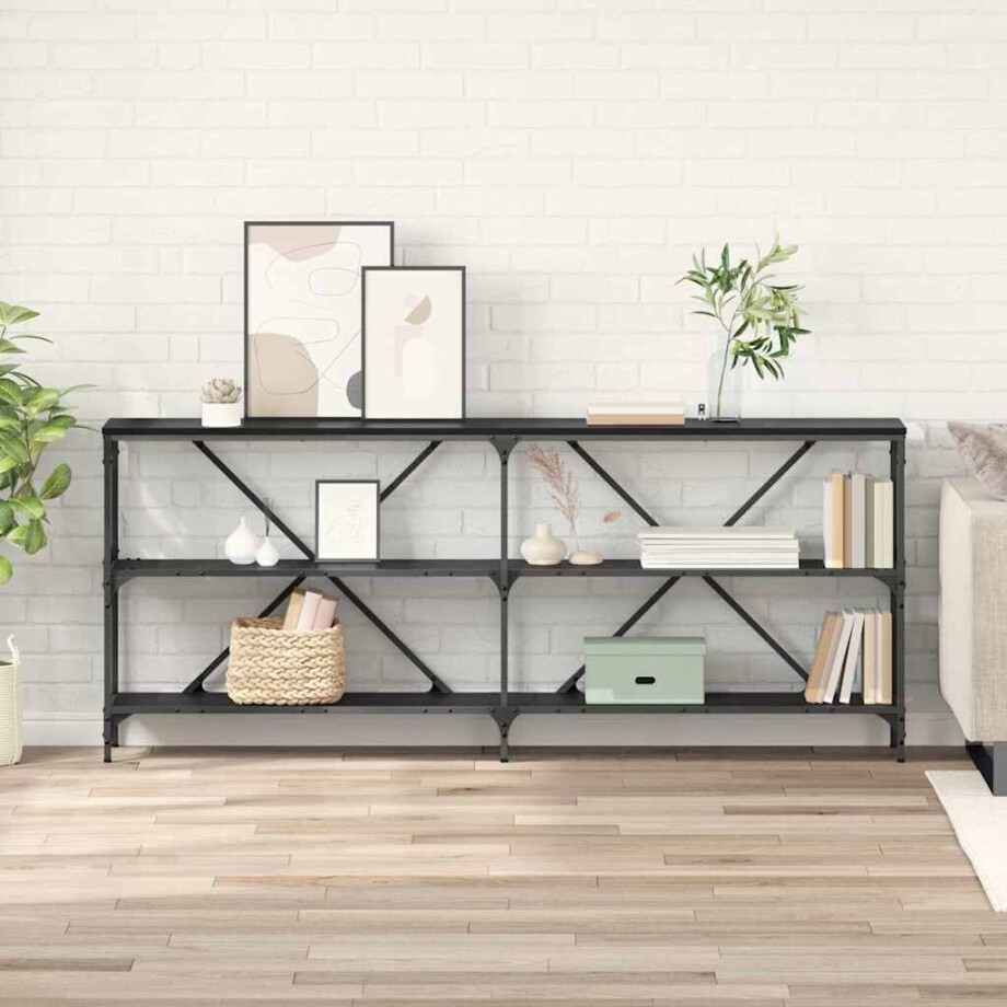 vidaXL Wandtafel met plank Zwart Eiken 180 x 30 x 75 cm Bewerkt hout vidaXL Wandtafel met plank Zwart Eiken 180 x 30 x 75 cm Bewerkt hout afbeelding 1