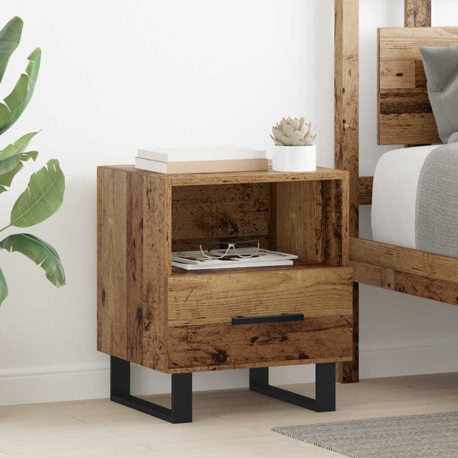 vidaXL Nachtkastje met lade Oudhout 40 x 35 x 47,5 cm Bewerkt hout afbeelding 1