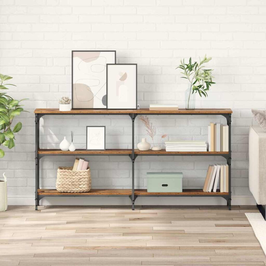 vidaXL Wandtafel Oud Hout 150 x 29 x 75 cm Geperst Hout en Metaal afbeelding 1