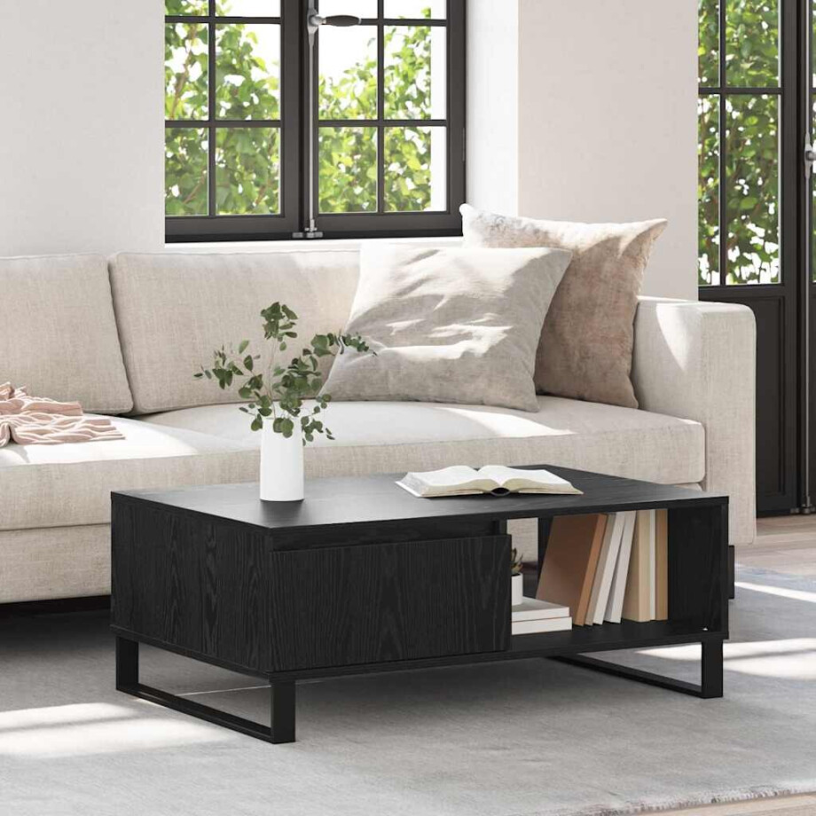 vidaXL Salontafel Zwart Eiken 90 x 60 x 35 cm Bewerkt hout vidaXL Salontafel Zwart Eiken 90 x 60 x 35 cm Bewerkt hout afbeelding 1