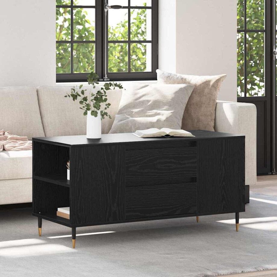 vidaXL Salontafel met lade Zwart Eiken 102 x 44,5 x 50 cm Bewerkt hout vidaXL Salontafel met lade Zwart Eiken 102 x 44,5 x 50 cm Bewerkt hout afbeelding 1