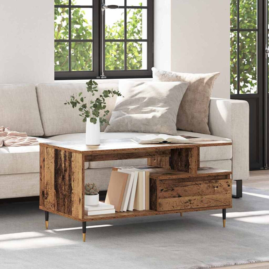 vidaXL Salontafel met lade Oudhout 90 x 49 x 45 cm Bewerkt hout afbeelding 1