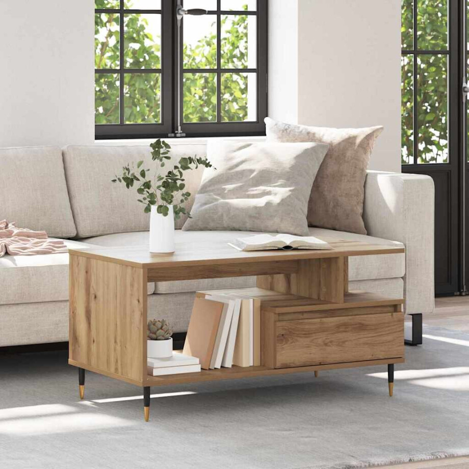 vidaXL Salontafel met lade Artisan Eiken 90 x 49 x 45 cm Bewerkt hout afbeelding 1