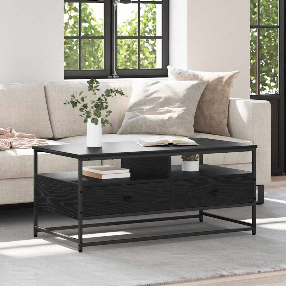 vidaXL Salontafel met lade Zwart Eiken 100 x 51 x 45 cm Bewerkt hout vidaXL Salontafel met lade Zwart Eiken 100 x 51 x 45 cm Bewerkt hout afbeelding 1