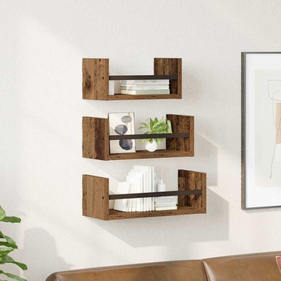 vidaXL Wandplankenset met plank 3 pcs Oud Hout 40x16x14cm Bewerkt hout afbeelding 1