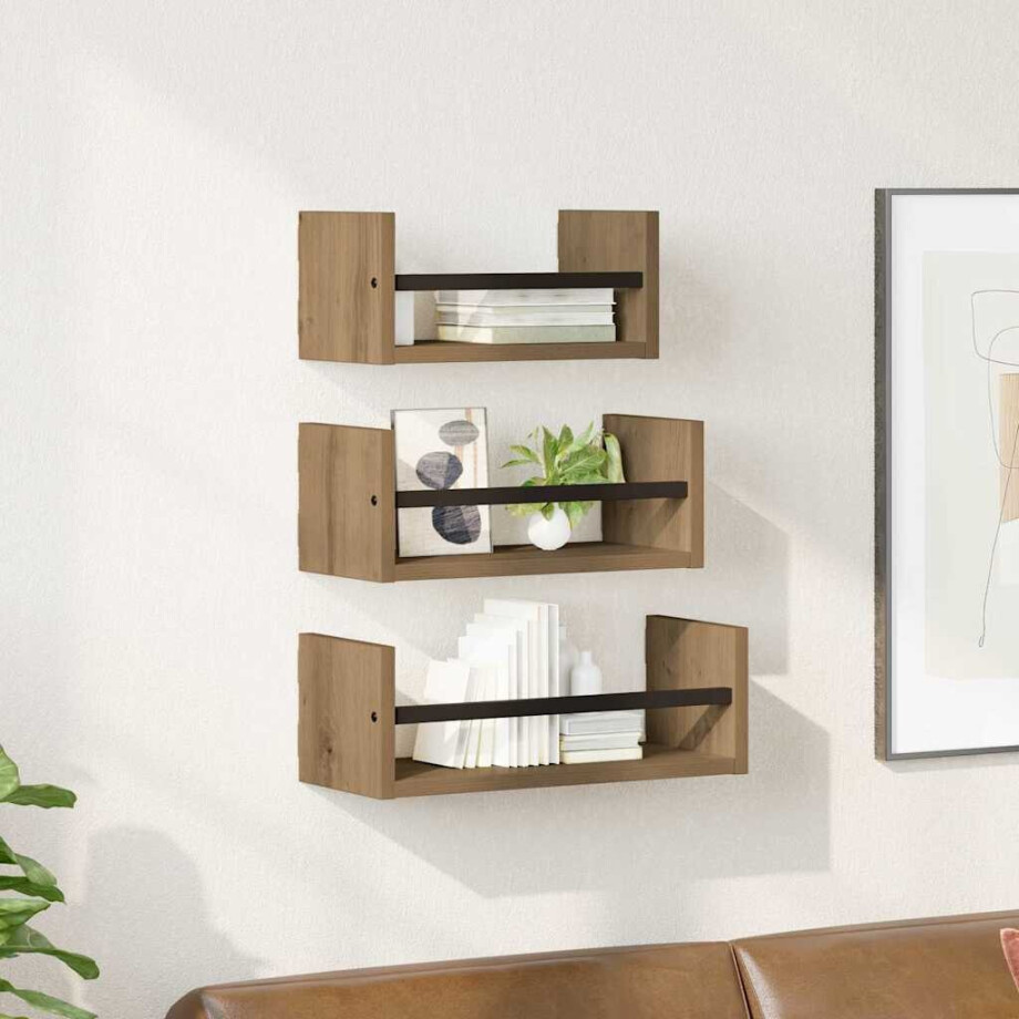 vidaXL Wandplankenset 3 pcs Artisan Eiken 40x16x14cm Bewerkt hout afbeelding 1