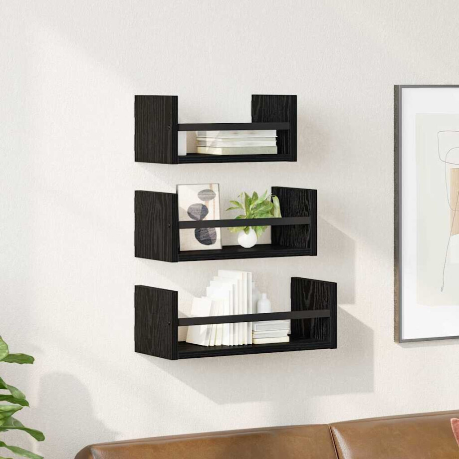 vidaXL Wandplankenset 3 pcs Zwart Eiken 40x16x14cm Bewerkt hout vidaXL Wandplankenset 3 pcs Zwart Eiken 40x16x14cm Bewerkt hout afbeelding 1