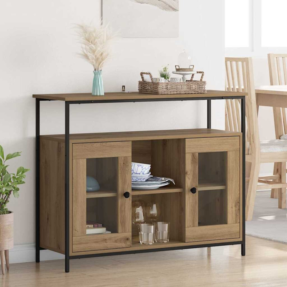 vidaXL Dressoir Artisan Eiken 100 x 35 x 80 cm Bewerkt hout vidaXL Dressoir Artisan Eiken 100 x 35 x 80 cm Bewerkt hout afbeelding 1