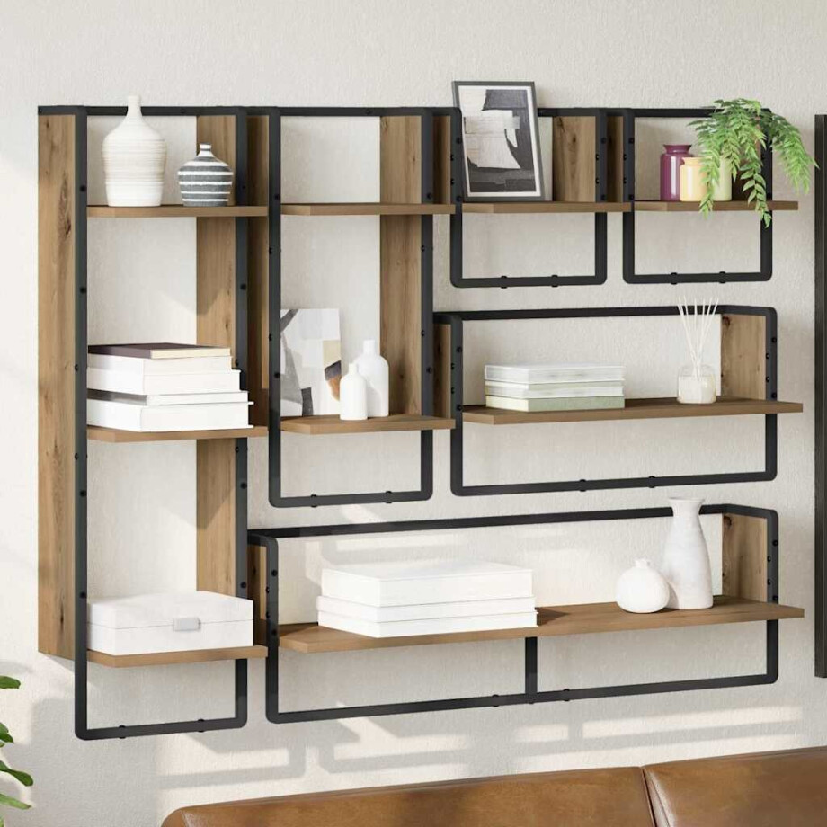 vidaXL Wandplankenset met plank 6 pcs Artisan Eiken 100 x 25 x 30 cm afbeelding 1