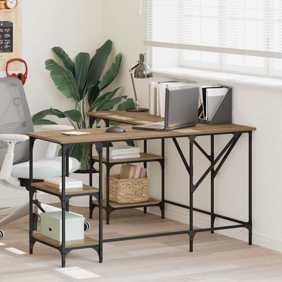 vidaXL Bureau Artisan Eiken 139 x 139 x 75 cm Bewerkt hout afbeelding 1