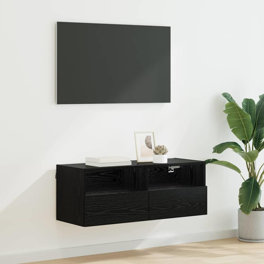 vidaXL TV Wandkast Zwart Eiken 80 x 30 x 30 cm Bewerkt hout vidaXL TV Wandkast Zwart Eiken 80 x 30 x 30 cm Bewerkt hout afbeelding 1