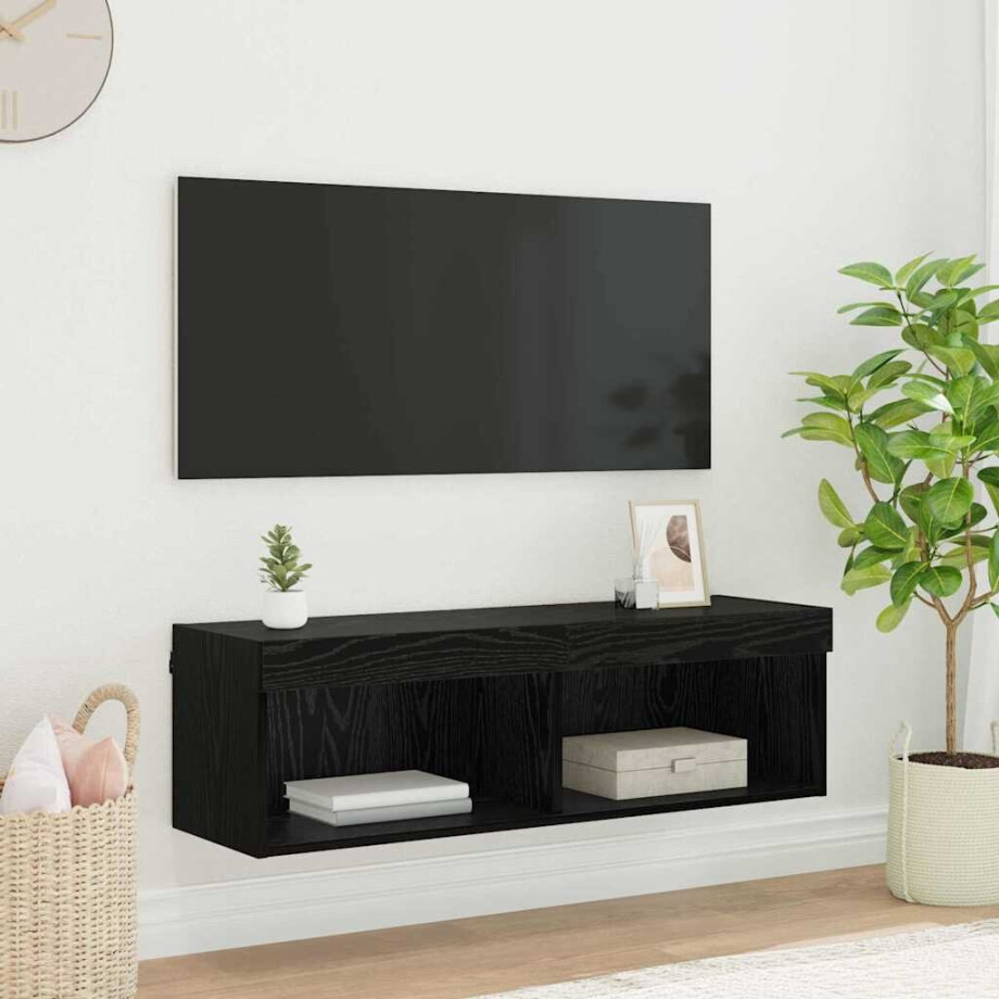 vidaXL TV-wandkast met LED Zwart Eiken 100 x 30 x 30 cm Bewerkt hout vidaXL TV-wandkast met LED Zwart Eiken 100 x 30 x 30 cm Bewerkt hout afbeelding 1