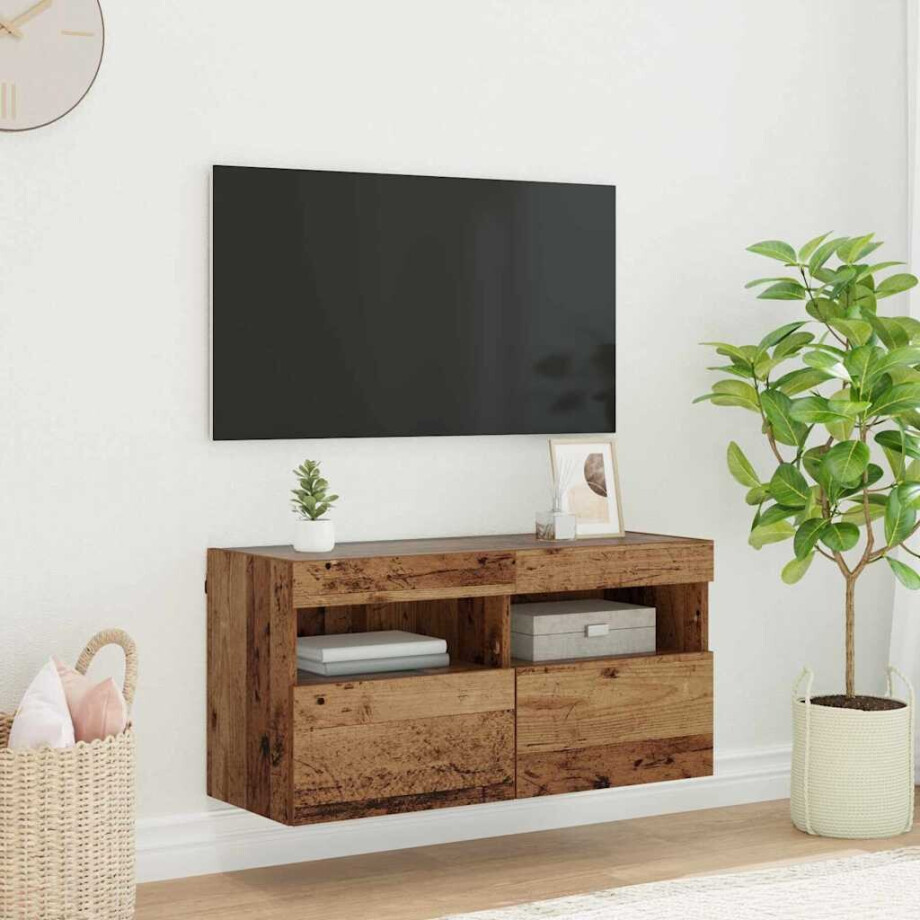 vidaXL TV Wandkast met LED Oud Hout 80 x 30 x 40 cm Bewerkt hout afbeelding 1