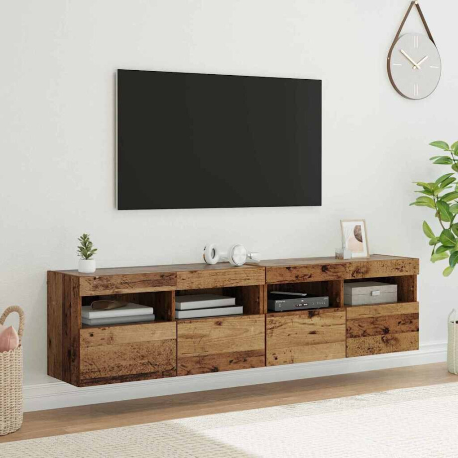vidaXL TV Wandkasten 2 pcs Oud Hout 80 x 30 x 40 cm Bewerkt hout afbeelding 1