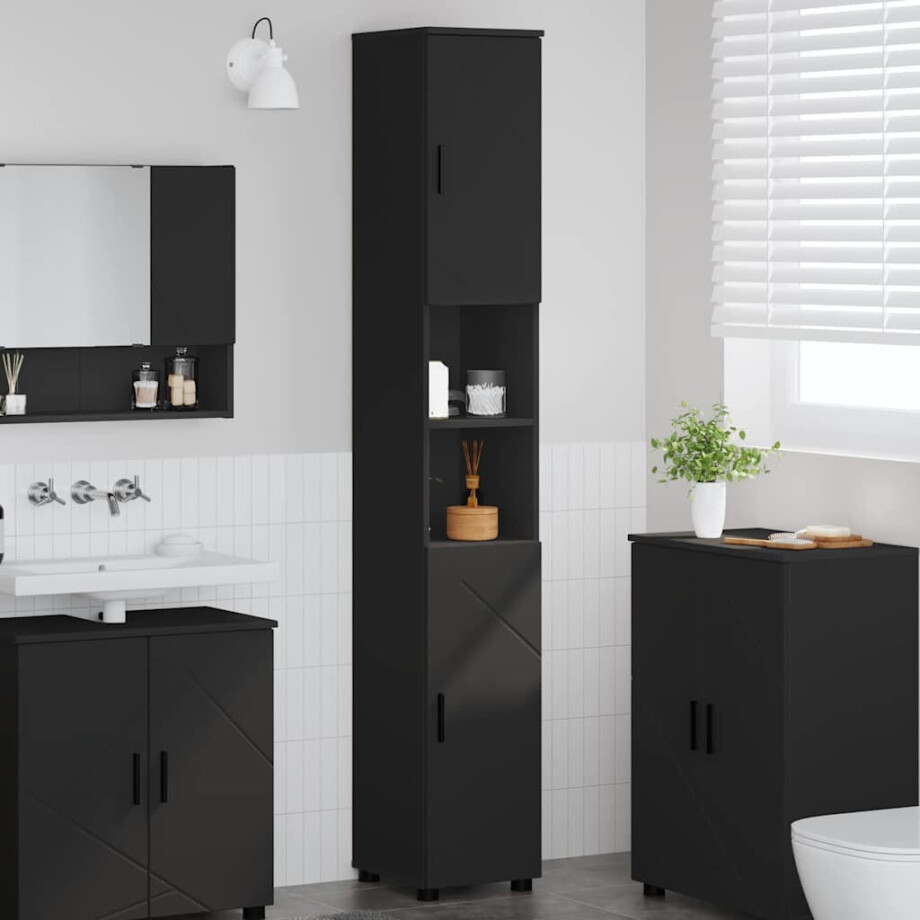 vidaXL Hoge badkamerkast Zwart 30 x 35 x 192 cm Bewerkt hout afbeelding 1