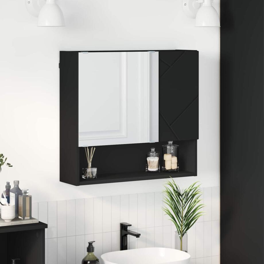 vidaXL Spiegelkast Wandgemonteerd Zwart 59 x 17 x 55 cm Bewerkt hout afbeelding 1