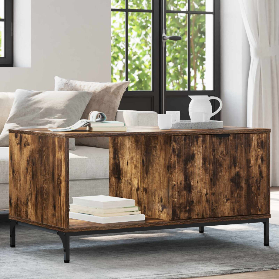 vidaXL Salontafel met lade Gerookt eiken 90 x 49 x 46 cm Bewerkt hout vidaXL Salontafel met lade Gerookt eiken 90 x 49 x 46 cm Bewerkt hout afbeelding 1