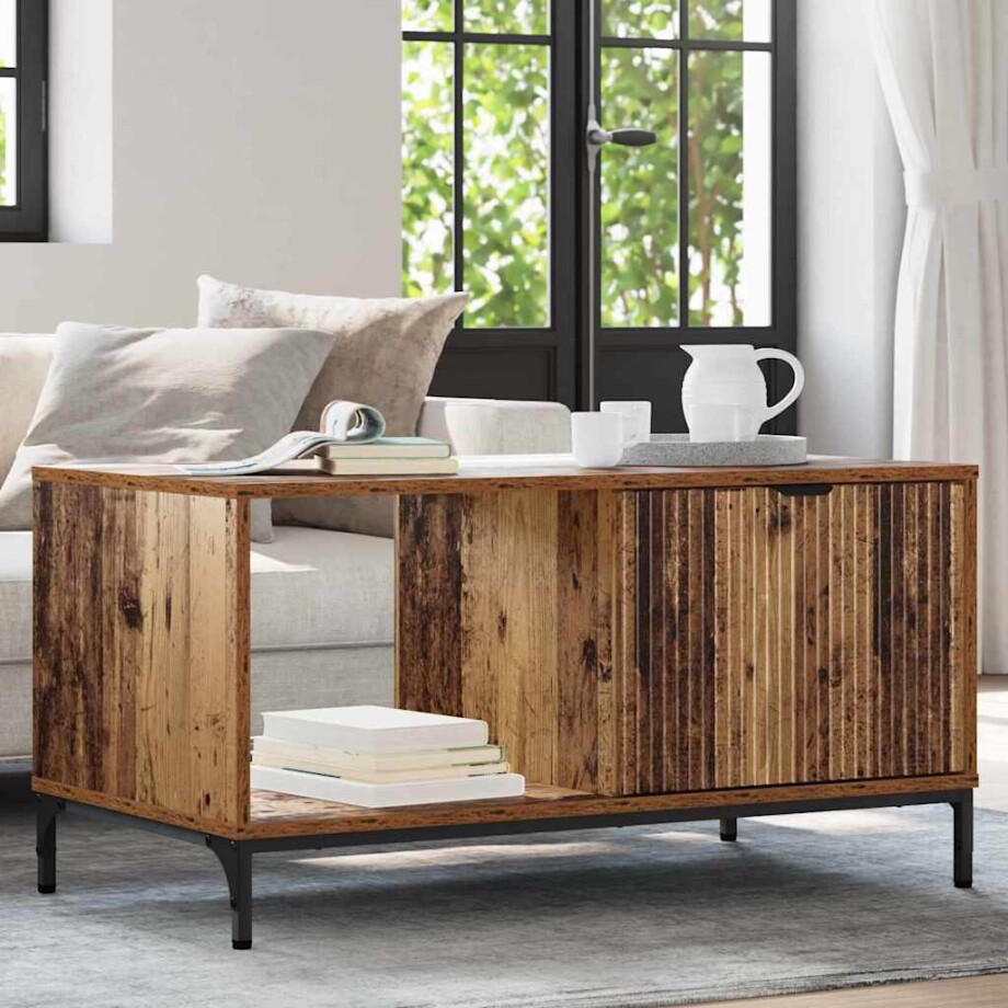vidaXL Salontafel met lade Oudhout 90 x 49 x 46 cm Bewerkt hout afbeelding 1