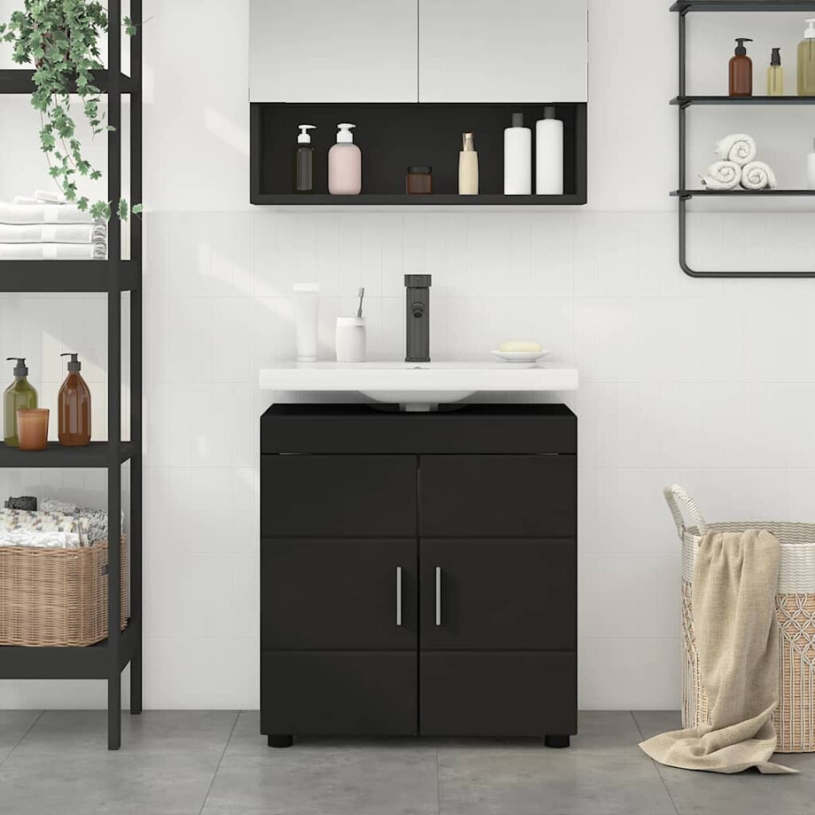 vidaXL Badkamerkastenset TULUM Zwart 60 x 34 x 63 cm Bewerkt hout afbeelding 1