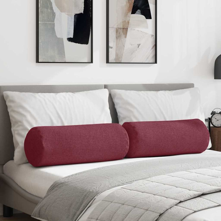 vidaXL Bolster Kussens 2 stuks Wijnrood Ø 25 x 70 cm Stof afbeelding 1