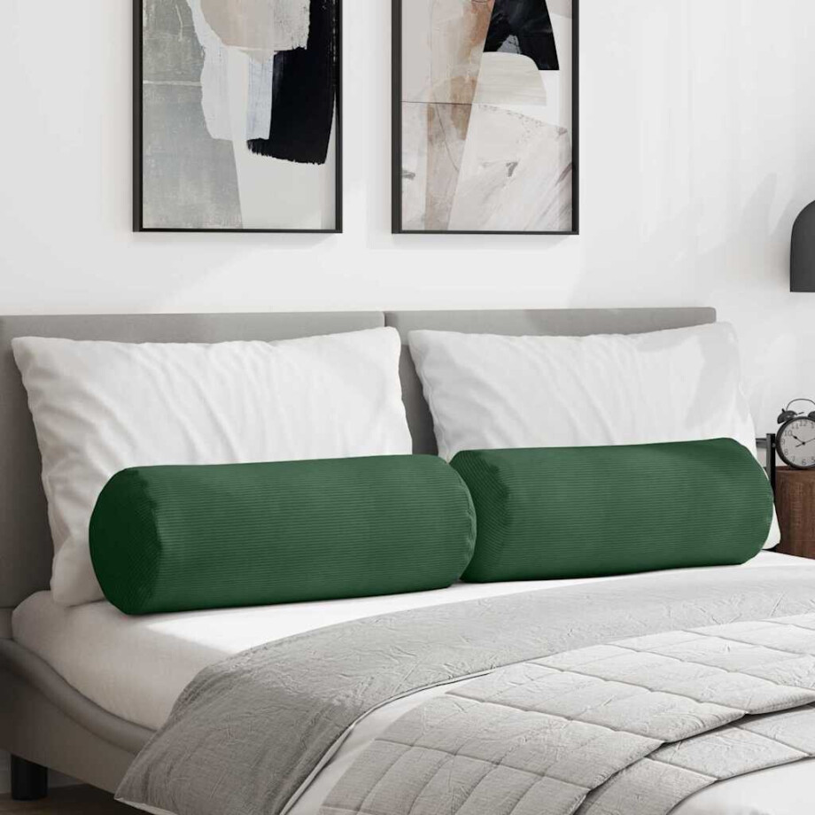 vidaXL Bolster Kussens 2 stuks Donkergroen Ø 25 x 70 cm Cordstof afbeelding 1