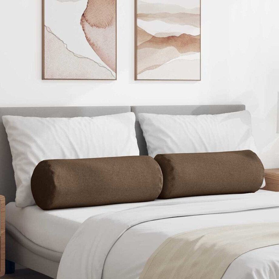 vidaXL Bolster Kussens 2 stuks Bruin Ø 25 x 70 cm Stof afbeelding 1