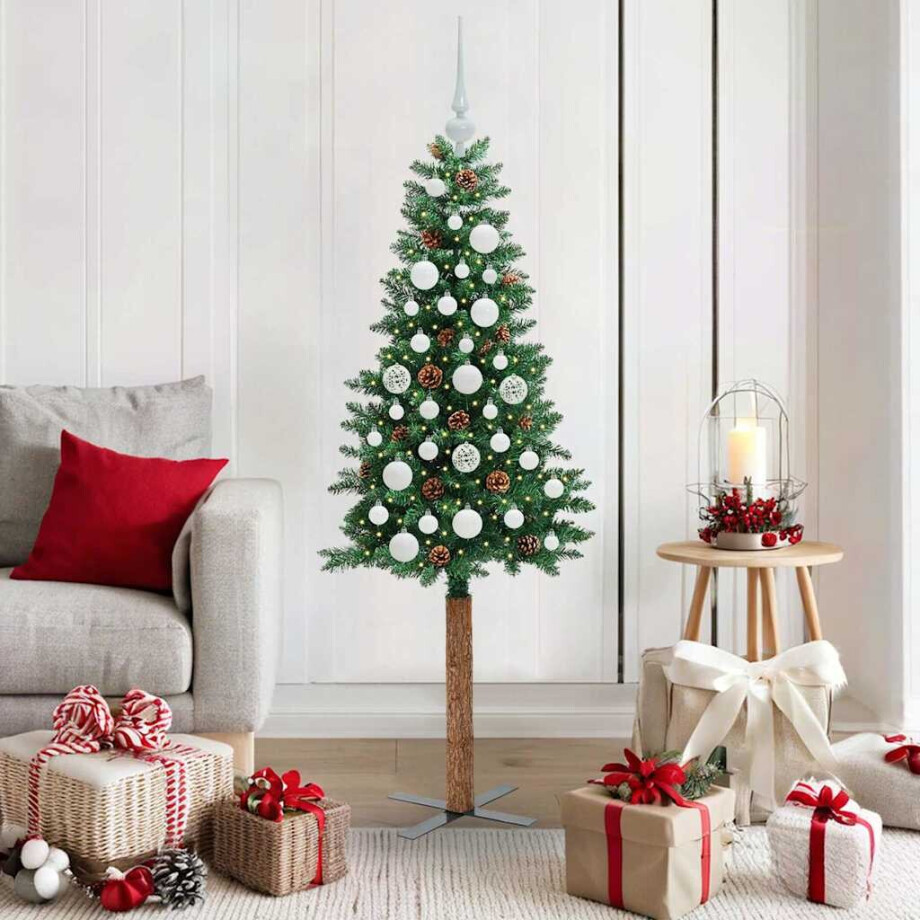 vidaXL Slanke Kerstboom Groen 150 cm PVC en massief dennenhout afbeelding 1
