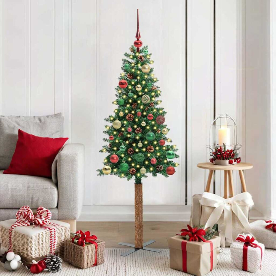 vidaXL Slanke Kerstboom Groen 150 cm PVC en massief dennenhout afbeelding 1