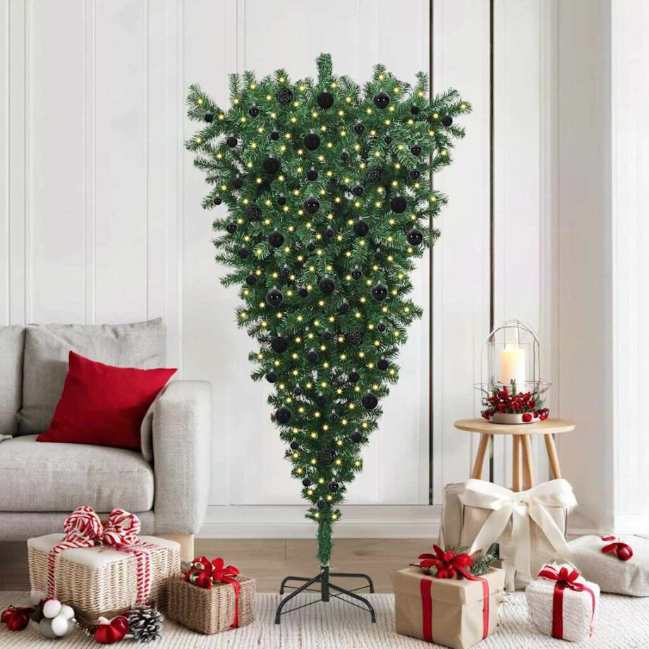 vidaXL Ondersteboven Kunst Kerstboom met Ballenset Groen 180 cm PVC afbeelding 1