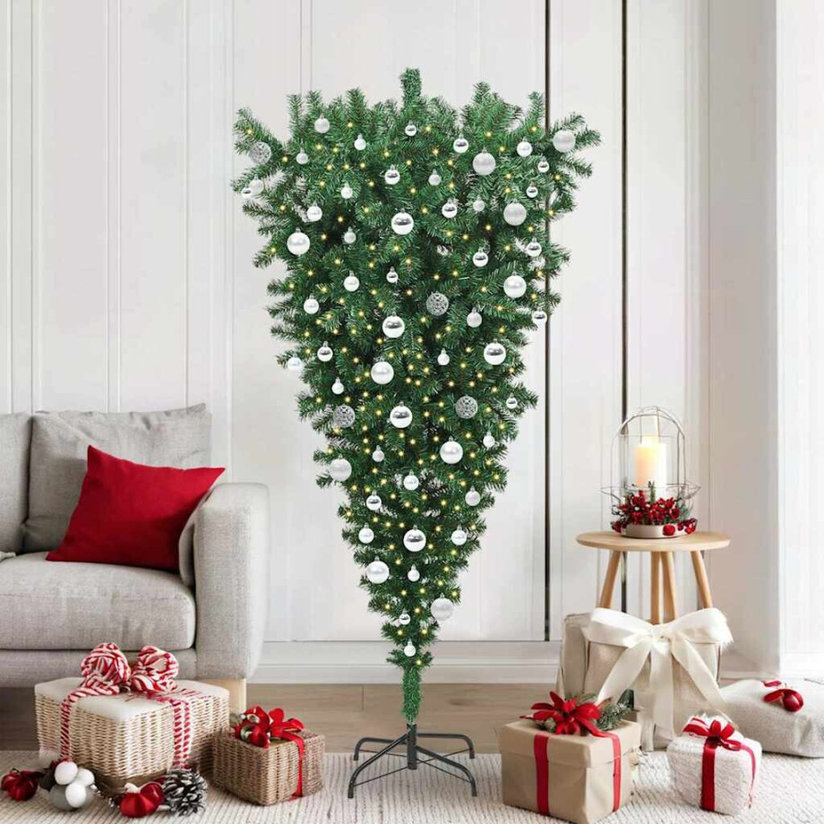 vidaXL Opwaarts Kunstkerstboom met Bollen Set Groen 180 cm PVC afbeelding 1