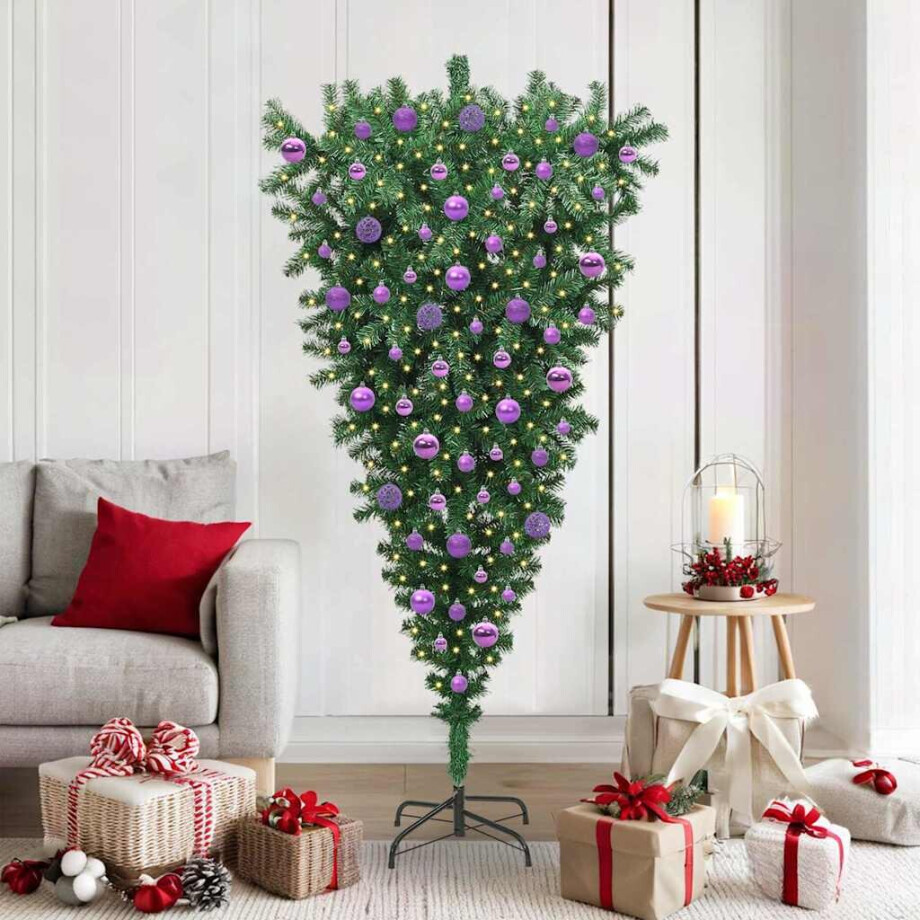 vidaXL Zijwaarts kunstkerstboom met ballenset Groen 180 cm PVC afbeelding 1