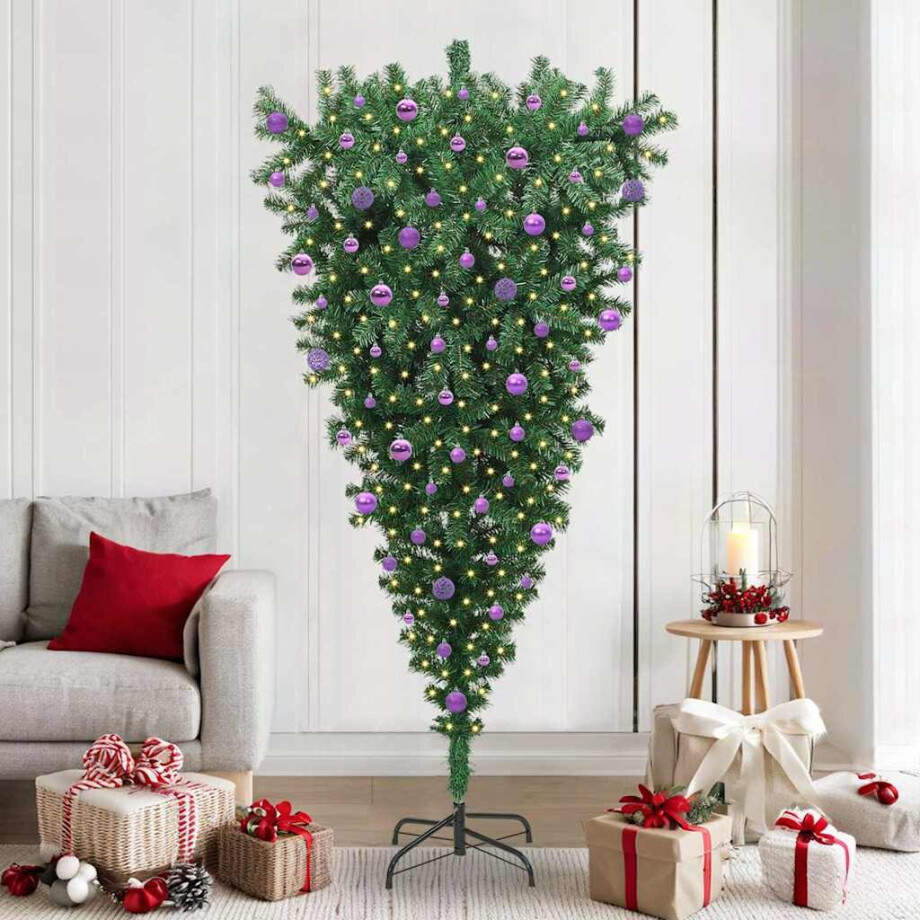 vidaXL Ondersteboven Kunst Kerstboom met Ballenset Groen 210 cm PVC afbeelding 1