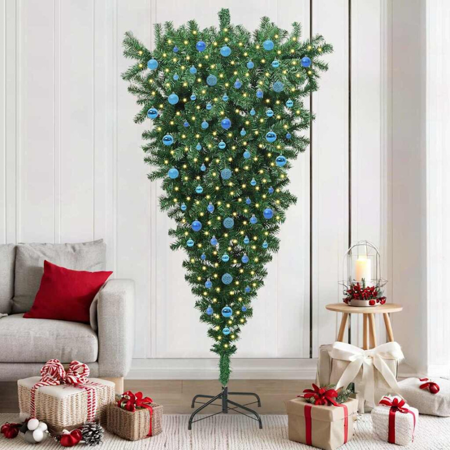 vidaXL Ondersteboven kunst Kerstboom met ballenset Groen 210 cm PVC afbeelding 1