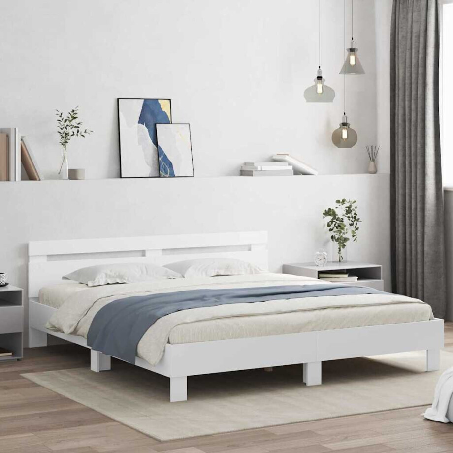 vidaXL Bedframe met LED met hoofdeinde Wit 193 x 203 cm Bewerkt hout afbeelding 1