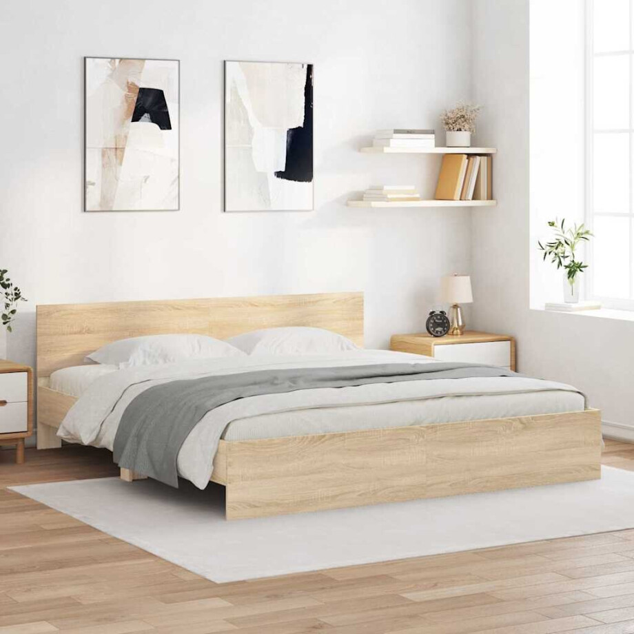 vidaXL Bedframe Wandgemonteerd Sonoma 193 x 203 cm Bewerkt hout afbeelding 1