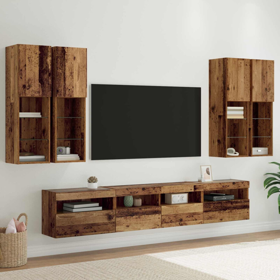 vidaXL TV Wandkast Set met LED Lichten 7 pcs Oudhout 100 x 30 x 40 cm vidaXL TV Wandkast Set met LED Lichten 7 pcs Oudhout 100 x 30 x 40 cm afbeelding 1