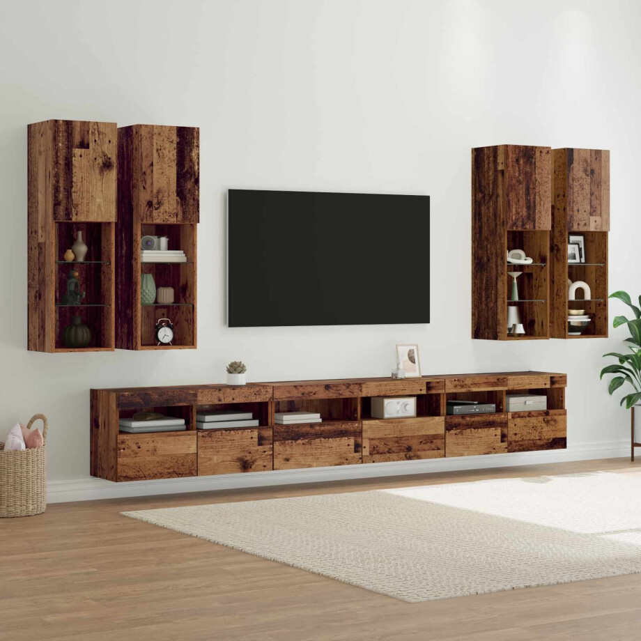 vidaXL TV Wandkast Set Wandgemonteerd 7 pcs Oud Hout Bewerkt hout afbeelding 1