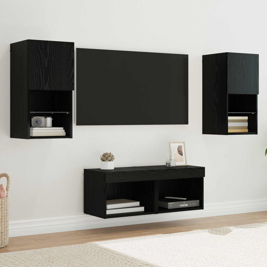 vidaXL TV Wandkasten Wandgemonteerd 4 pcs Zwart Eiken Bewerkt hout afbeelding 1