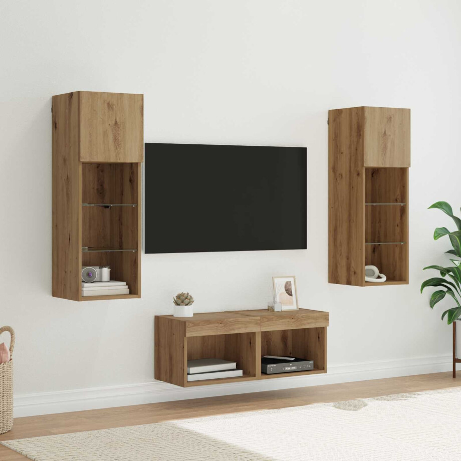 vidaXL TV Wandkasten Wandgemonteerd 4 pcs Zwart Eiken Bewerkt hout afbeelding 1