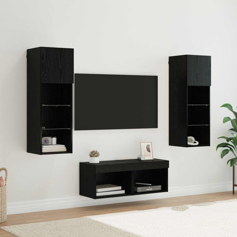 vidaXL TV Wandkasten Wandgemonteerd 4 pcs Zwart Eiken Bewerkt hout afbeelding 1