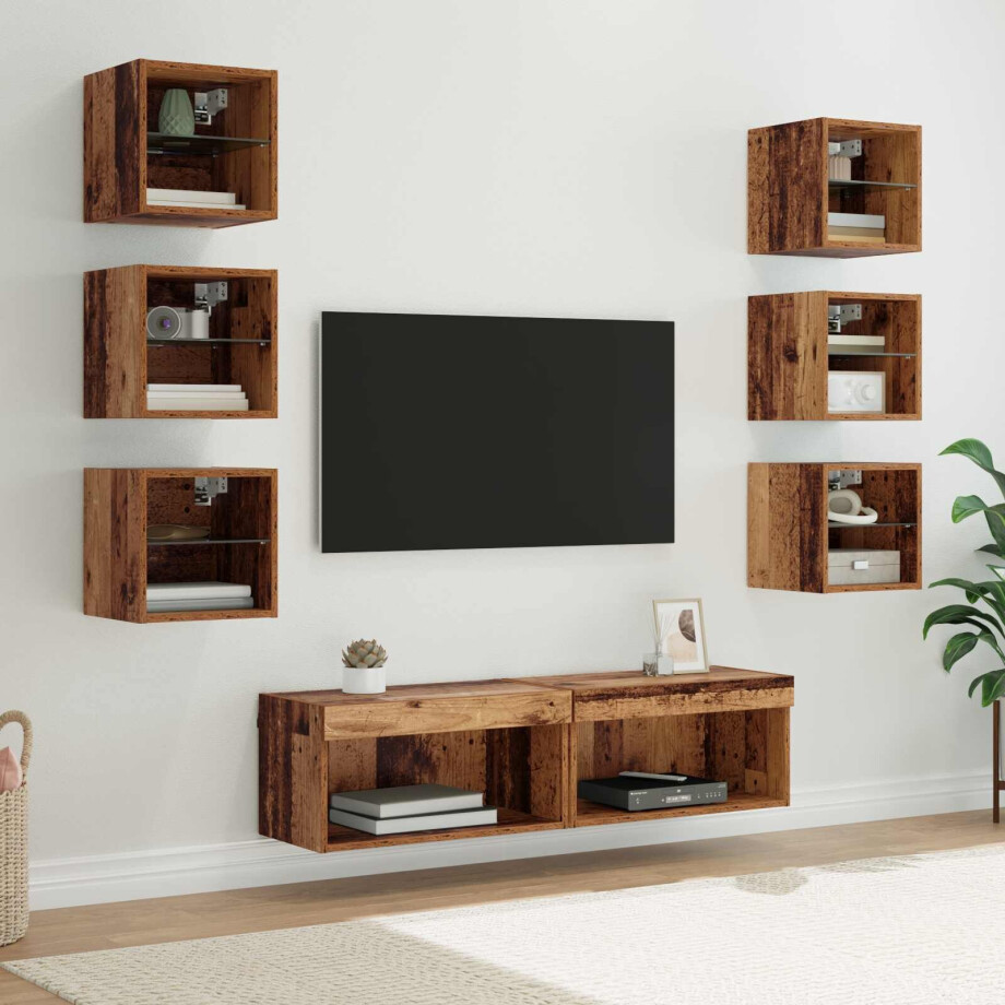vidaXL TV-kast met LED-striplichten met lade 8 pcs Oud Hout Glas afbeelding 1