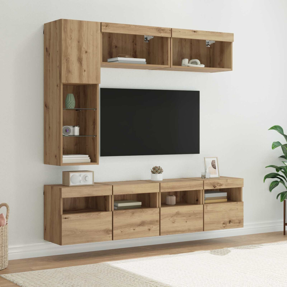 vidaXL TV-kast met LED Wandgemonteerd 7 pcs Artisan Eiken Bewerkt hout afbeelding 1