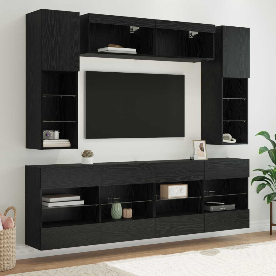 vidaXL TV-wandkastenset met LED-verlichting 6-delig Zwart eiken Bewerkt hout afbeelding 1
