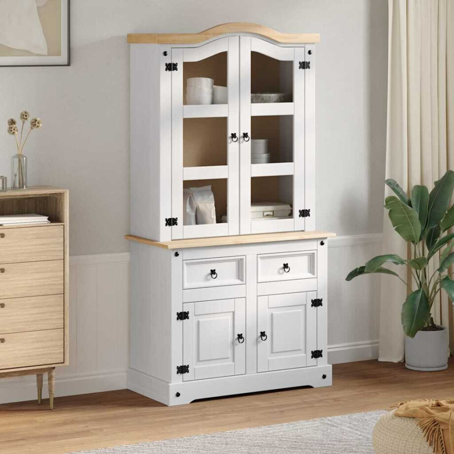 vidaXL Dressoir Corona Wit 100 x 48,5 x 179 cm Massief grenenhout afbeelding 1