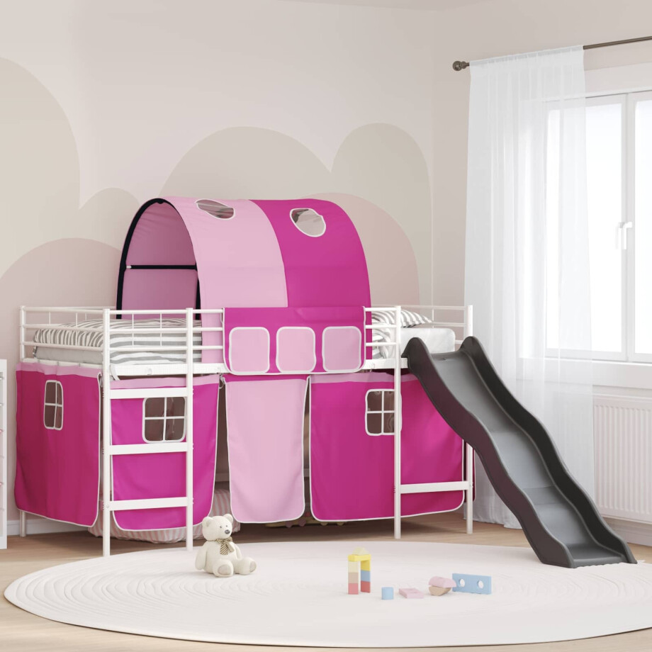 vidaXL Loftbed voor Kids Wit en Roze 100 x 200 cm Metaal afbeelding 1