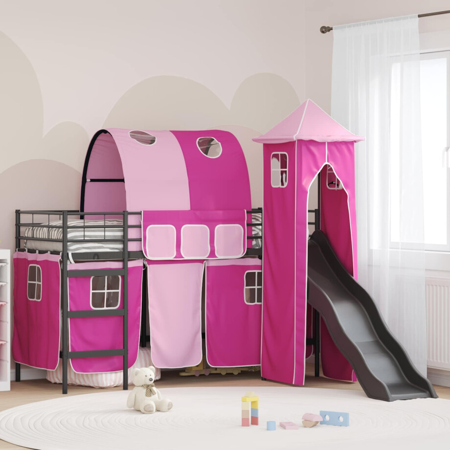 vidaXL Loftbed voor Kids Zwart en Roze 90 x 190 cm Metaal afbeelding 1